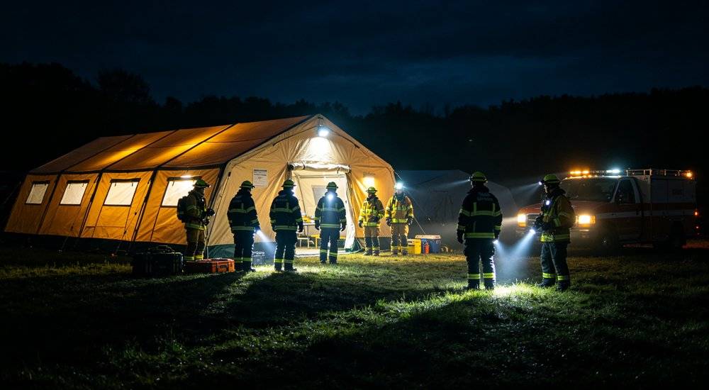 Night time emergency rescue operation with rescue workers using headlamps and flashlights, large emergency tents with lights on