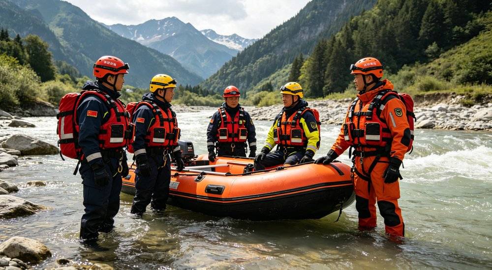 Mountain flood rescue team in full protective gear uniforms helmets life jackets, rescue workers preparing for operation