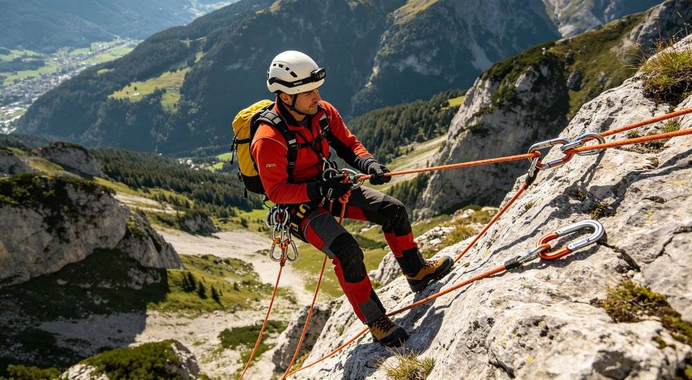 High angle rope rescue operation with rescue workers using safety harness ropes and carabiners on mountain cliff