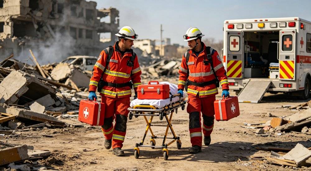 Emergency medical response team with first aid kits and stretchers in disaster area, professional medical rescue operation