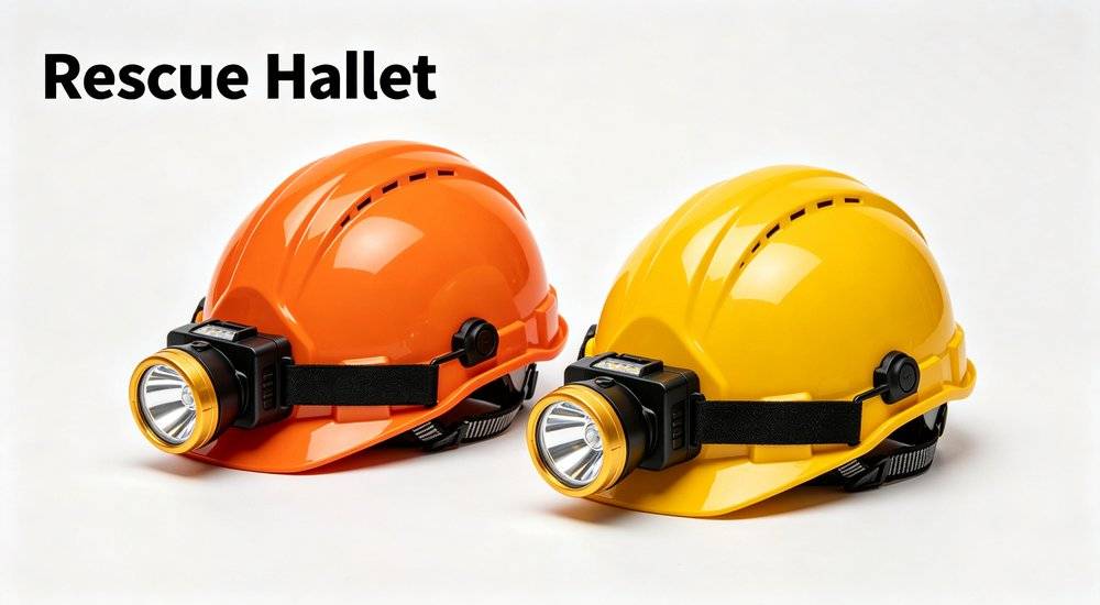 Rescue safety helmets with LED headlamps in orange and yellow, EN 397 protective helmets for emergency rescue