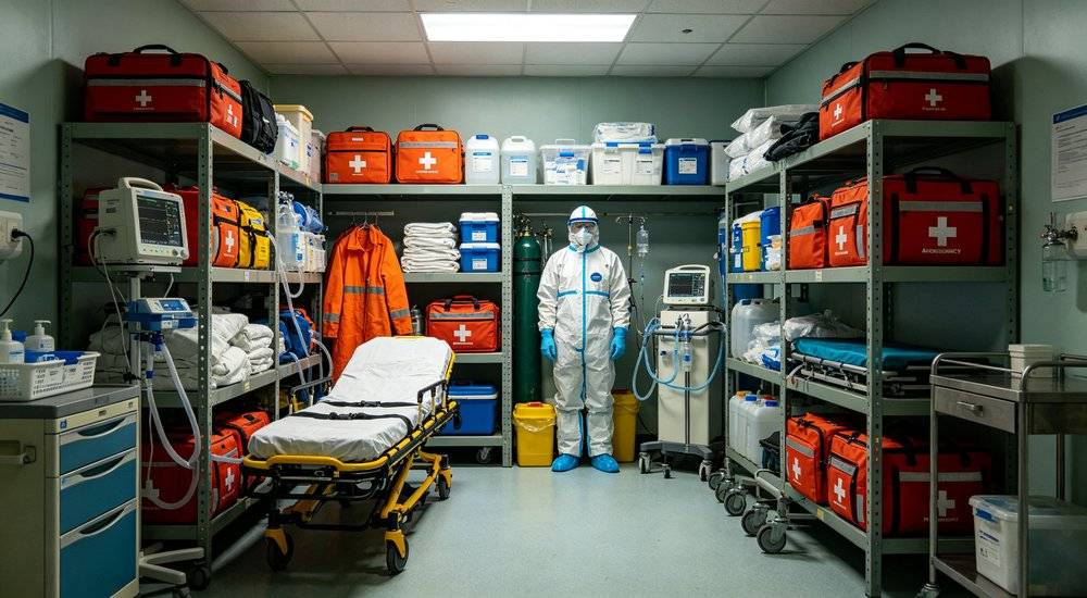 Hospital emergency supplies storage room with medical equipment first aid kits stretchers protective gear