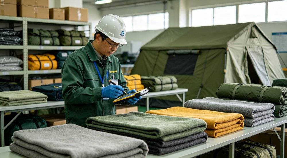 Emergency supplies quality inspection with worker checking product quality using inspection tools