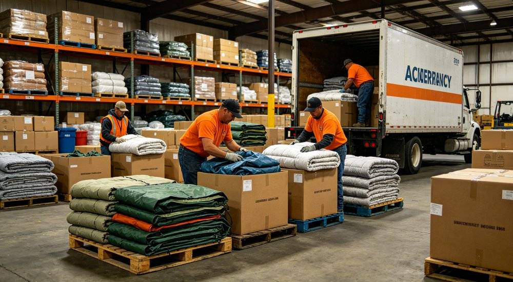 Emergency supplies being packed and loaded into boxes for shipment, workers packing blankets tarps tents at warehouse