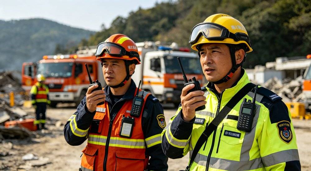 Rescue team using walkie talkie two way radios for communication during emergency operation