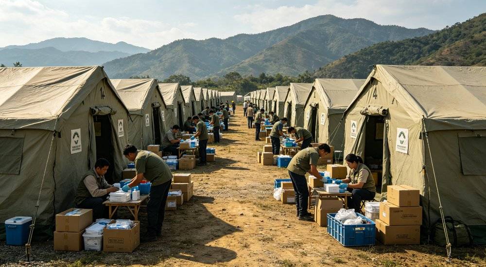 Emergency shelter camp with rows of large relief tents and volunteers organizing supplies, mountainous area background Emergency shelter camp with rows of large relief tents and volunteers organizing supplies, mountainous area background