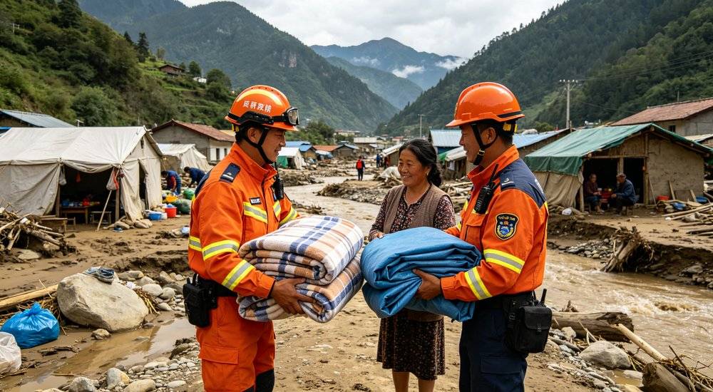 Rescue workers distributing emergency supplies blankets and tarps to affected families in mountain flood disaster area