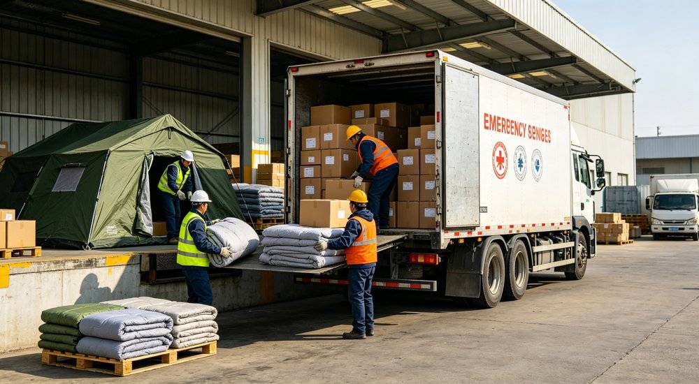 Emergency supplies logistics transportation truck loaded with relief supplies boxes at warehouse loading dock