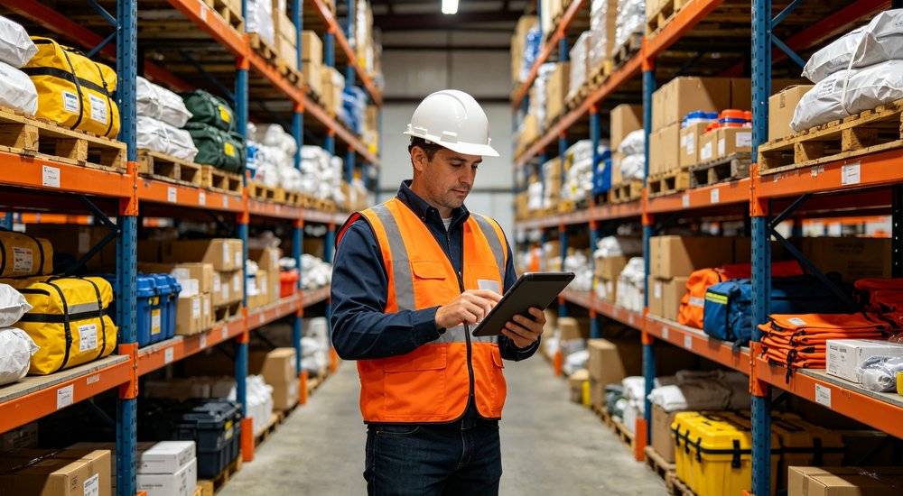 Emergency supplies warehouse inventory management with worker checking stock using tablet computer