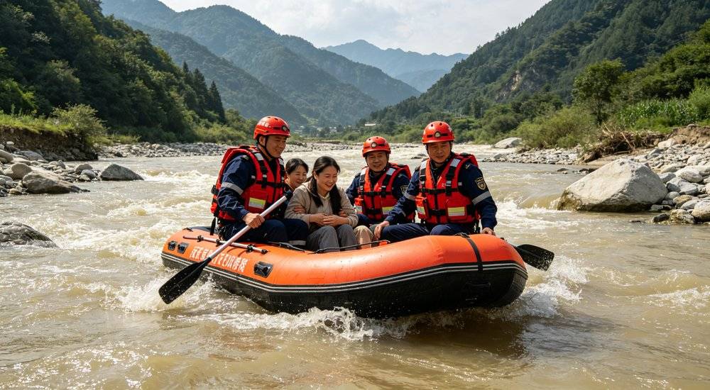 Water rescue operation in mountain flood with rescue workers in life jackets using inflatable boat to evacuate people