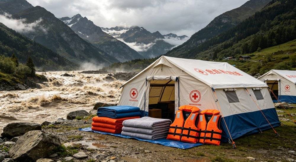 Hero cover image mountain flood emergency supplies article with dramatic flood background and large emergency relief tents