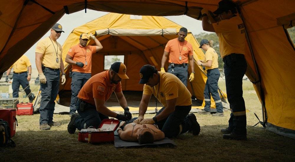 Emergency response team training session with volunteers learning how to set up large emergency tents and use first aid kits