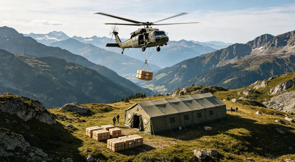 Helicopter airdropping emergency supplies in mountainous area, relief supplies packages being dropped from helicopter