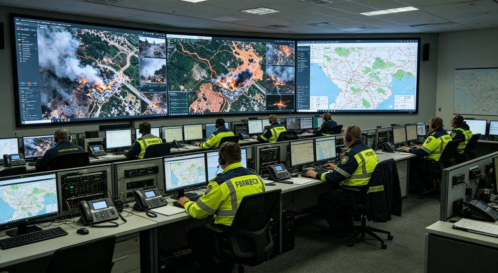 Emergency operations command center with workers monitoring maps and communication equipment, large screens showing disaster areas