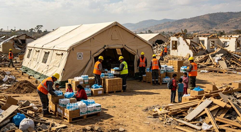 Post disaster reconstruction with workers setting up large emergency relief tents and distributing supplies, families starting to rebuild