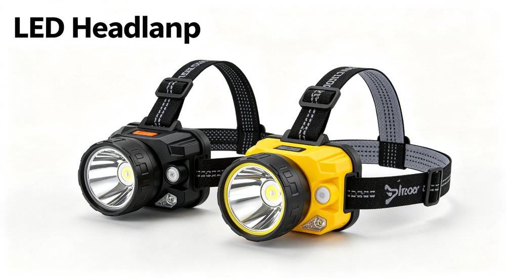 Rechargeable waterproof LED headlamps in black and yellow, hands-free head torches for night time mountain flood emergency rescue