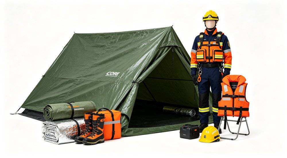 Core emergency products combo with waterproof tarpaulin large emergency tent emergency blanket life jacket rescue uniform