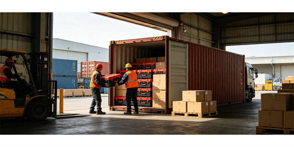 Container loading scene for wholesale rescue tools shipping, warehouse workers loading rescue equipment cases into shipping container Container loading scene for wholesale rescue tools shipping, warehouse workers loading rescue equipment cases into shipping container