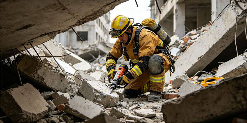 Rescue worker operating demolition tool in collapsed building rubble for disaster site rescue operation Rescue worker operating demolition tool in collapsed building rubble for disaster site rescue operation
