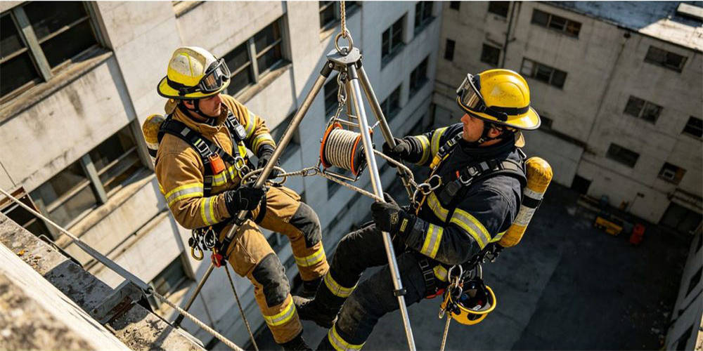 Two firefighters work with rescue tripod and rope hardware during high angle technical rescue operation