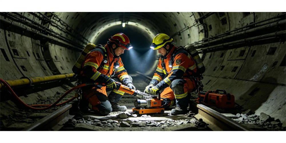 Rescuers operate hydraulic rescue tools inside underground tunnel for confined‑space technical rescue work