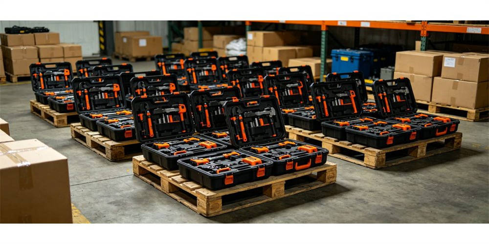 Bulk stacked rescue tool kits packed in hard cases for large‑volume wholesale procurement of rescue equipment