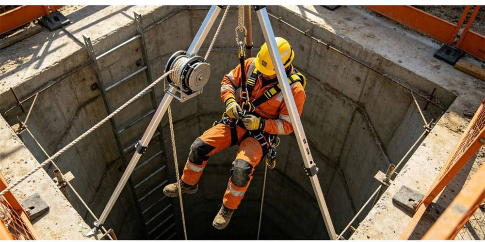 Rescuer uses tripod and rope rescue hardware to carry out confined‑space industrial rescue operation at construction site