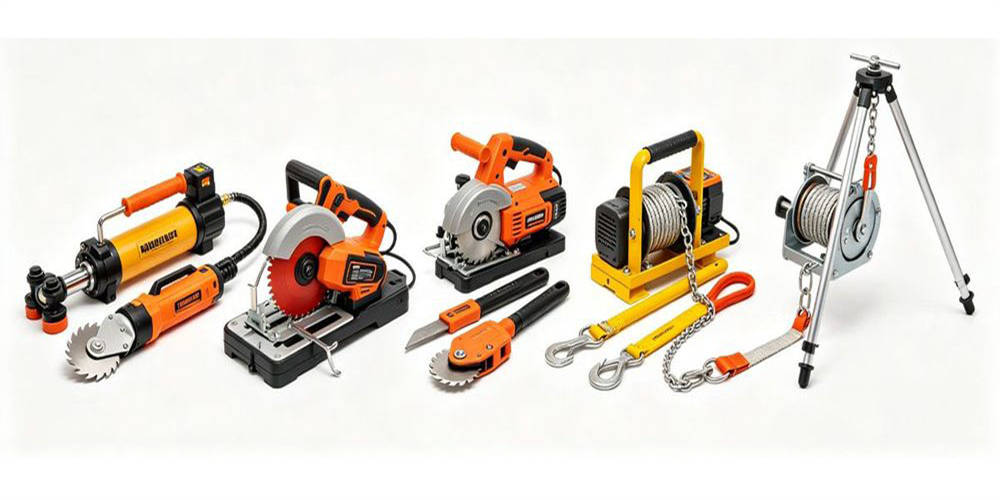 Complete set of fire rescue power tools including cutting saws, hydraulic tools and tripod lifting rescue devices