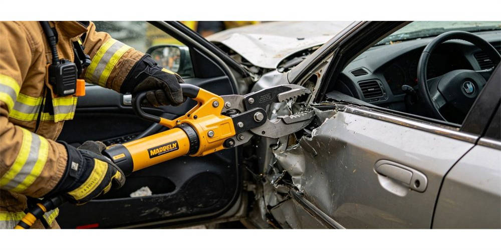 Firefighter operates hydraulic combi‑tool for vehicle extrication during traffic accident rescue mission