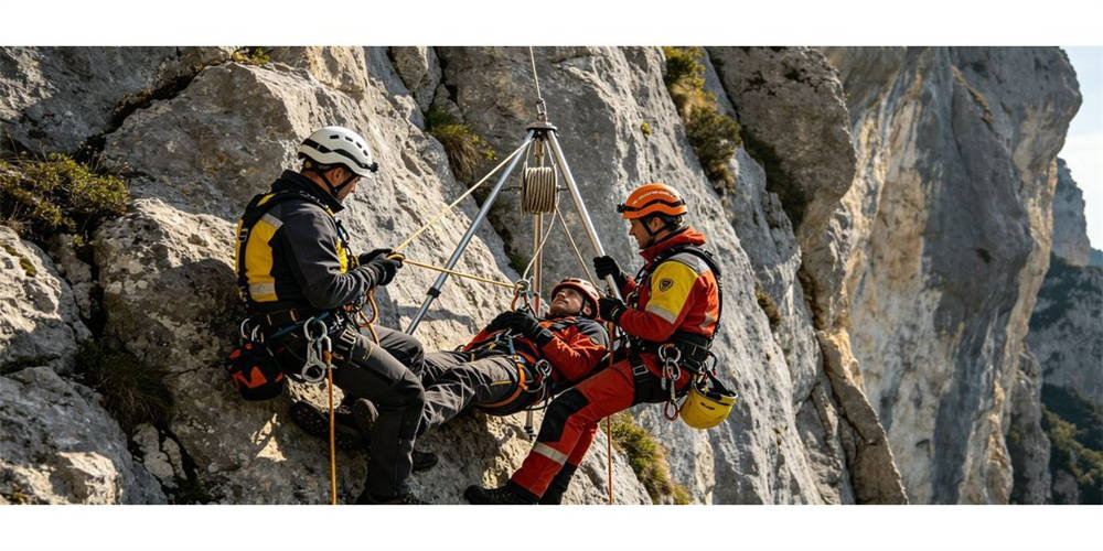 Rescuers operate tripod and rope rescue system to complete vertical cliff rescue operation