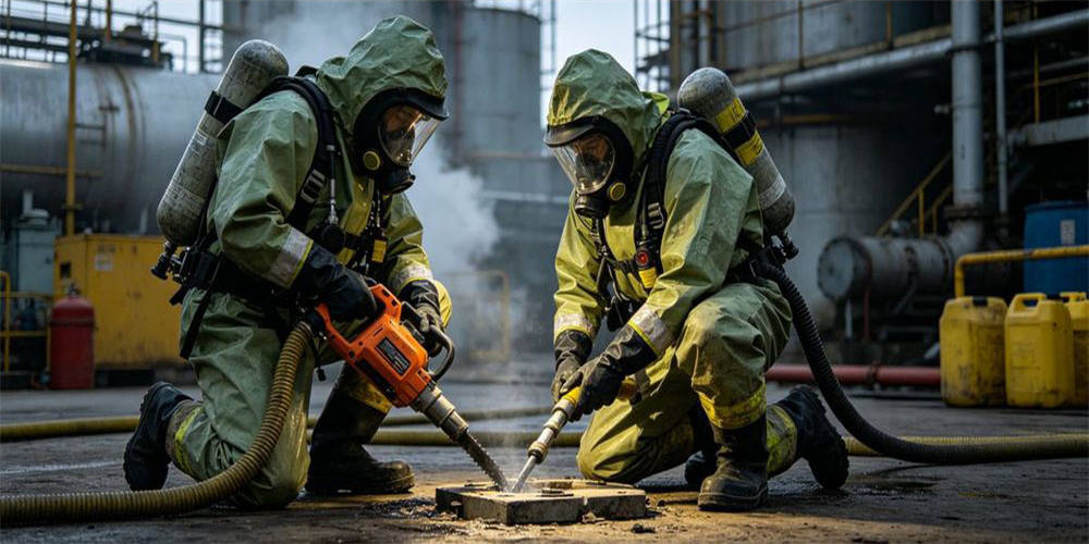 Hazmat responders in chemical protective suits operate power tools for industrial hazardous material emergency handling Hazmat responders in chemical protective suits operate power tools for industrial hazardous material emergency handling