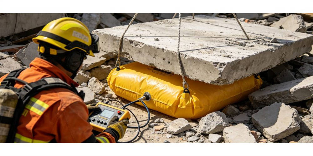 Rescuer operates control device for air lifting bag to lift heavy concrete slab amid building collapse rubble during site rescue operation