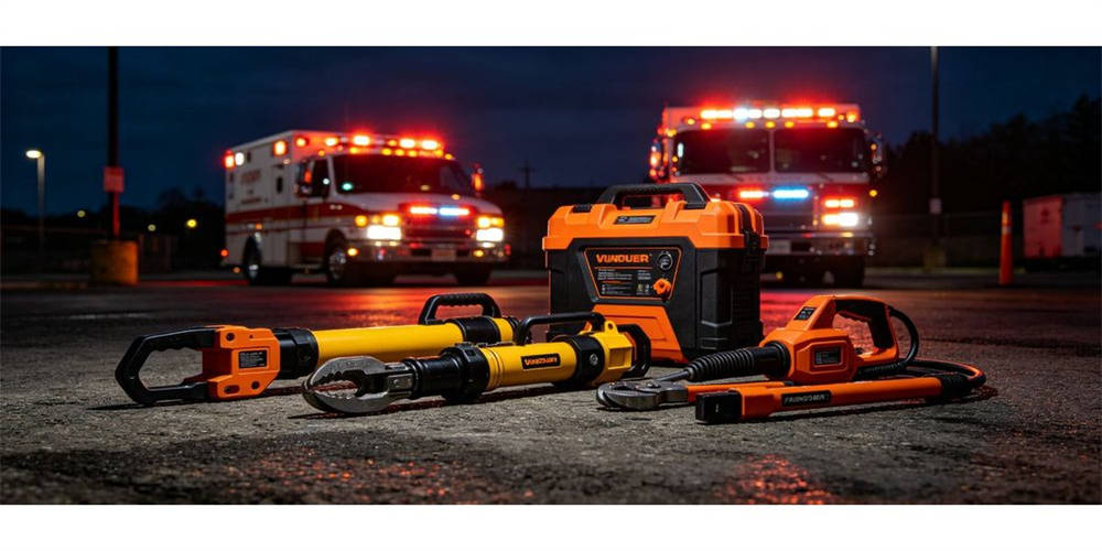 Night rescue training with hydraulic tools and emergency lights Night rescue training with hydraulic tools and emergency lights