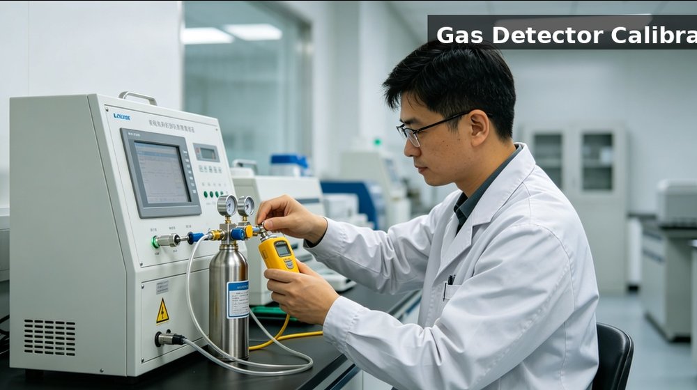 Laboratory technician calibrating a portable gas detector for industrial safety monitoring programs Laboratory technician calibrating a portable gas detector for industrial safety monitoring programs