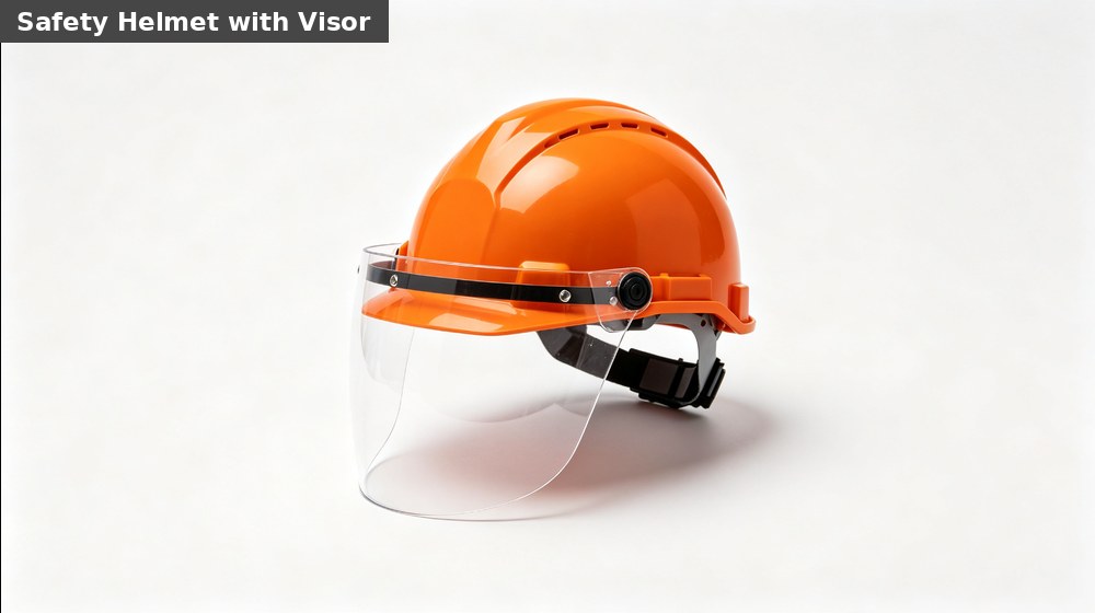 Safety helmet with face visor for head and face protection in industrial hazmat support work