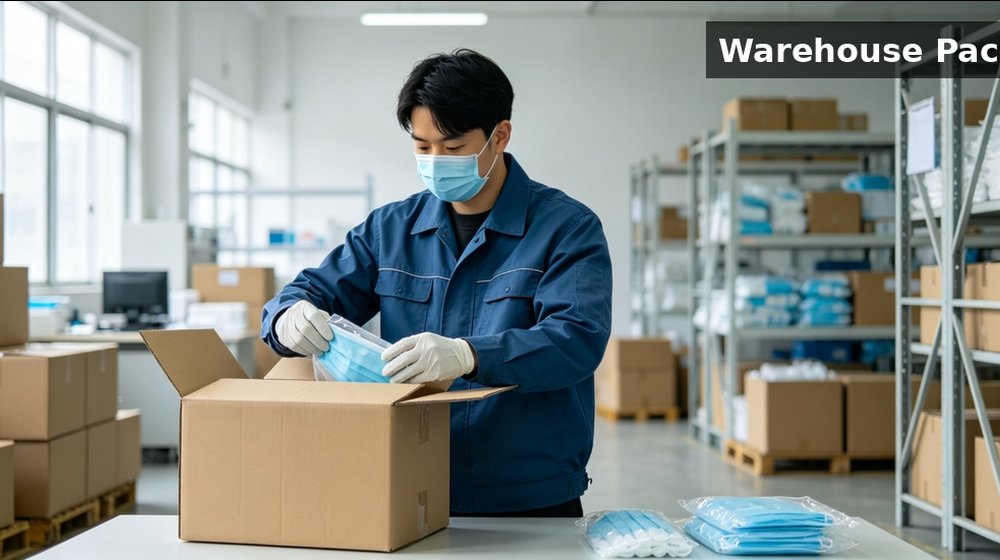 Warehouse worker packing industrial protective equipment for organized storage and bulk shipment