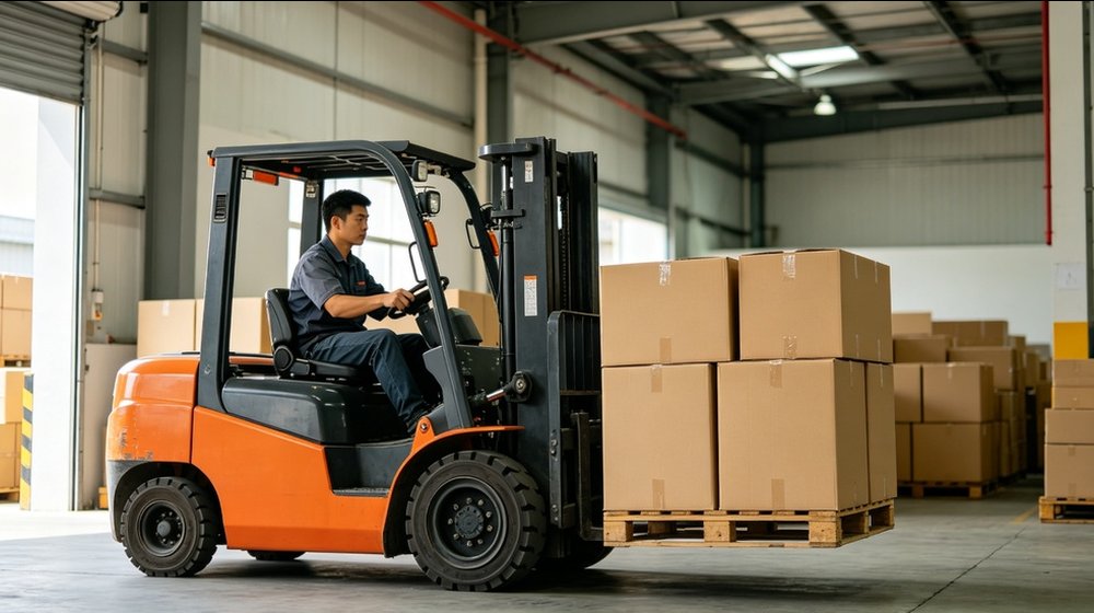 Forklift handling palletized industrial protection equipment for warehouse dispatch and bulk delivery Forklift handling palletized industrial protection equipment for warehouse dispatch and bulk delivery