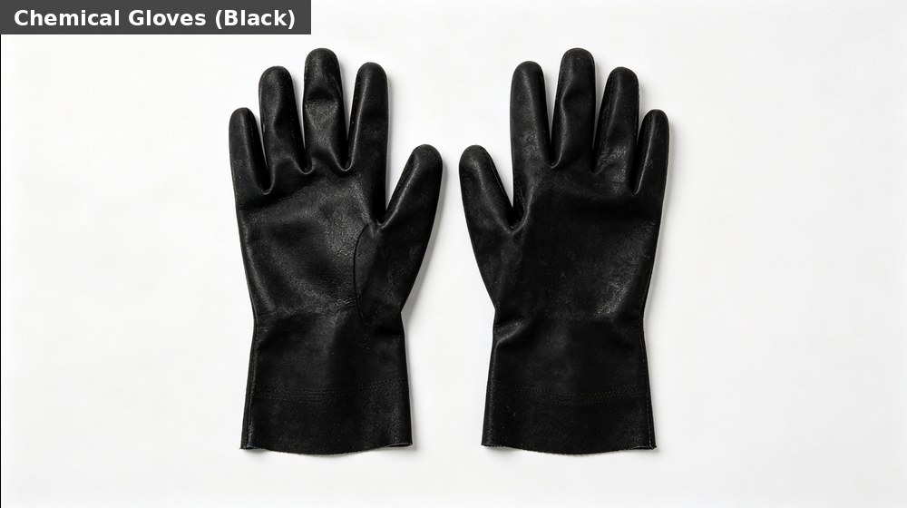 Black chemical-resistant gloves for completing an industrial hazmat personal protection ensemble Black chemical-resistant gloves for completing an industrial hazmat personal protection ensemble
