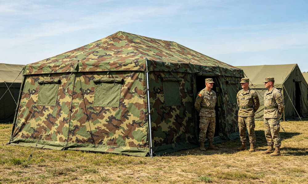 Military camouflage emergency frame tent for field duty operations with heavy duty waterproof fabric