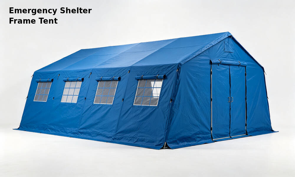 Large blue emergency frame shelter tent product photo on pure white background showing smooth exterior and gable roof
