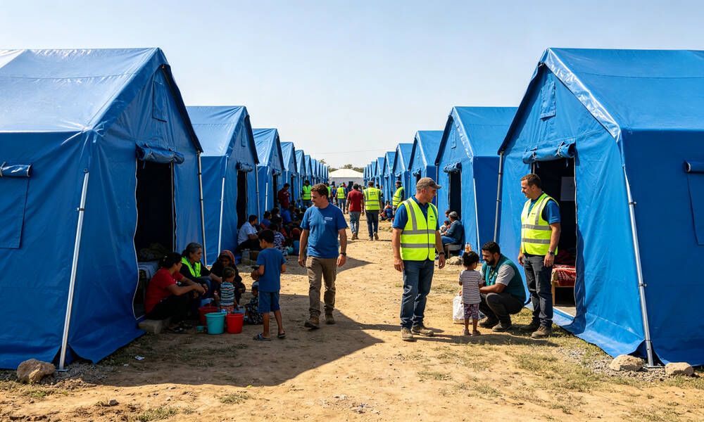 Disaster relief emergency shelter camp with rows of blue frame tents and displaced families receiving aid