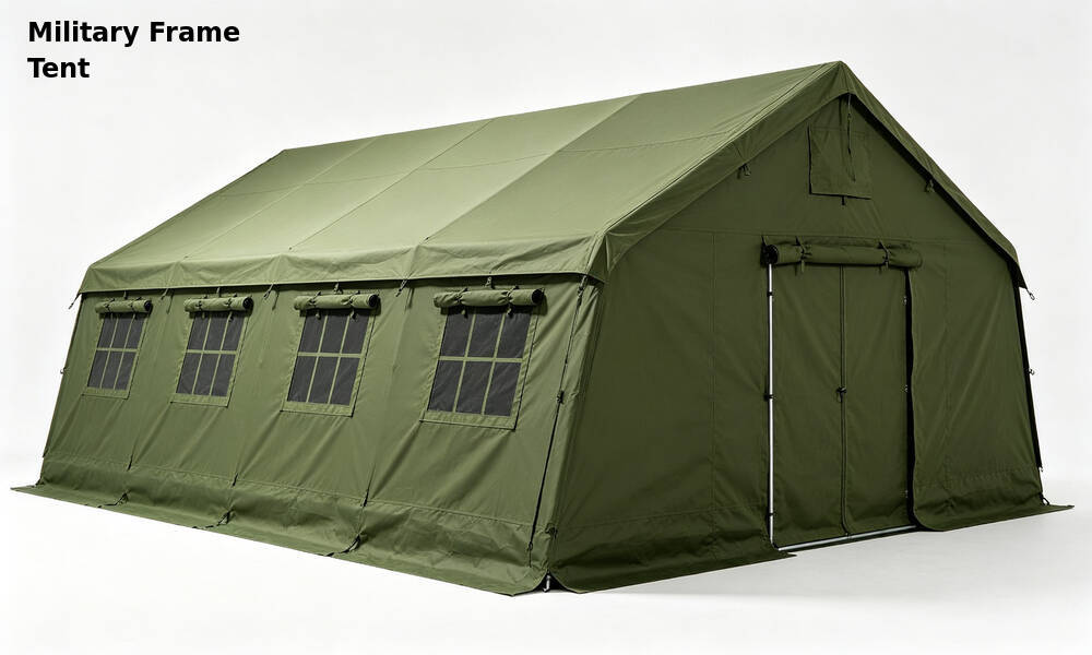 Military green emergency frame tent in field camp with soldiers walking between tents for command operations