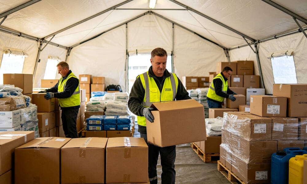 Temporary storage emergency frame tent interior with pallet racks and organized relief supplies boxes