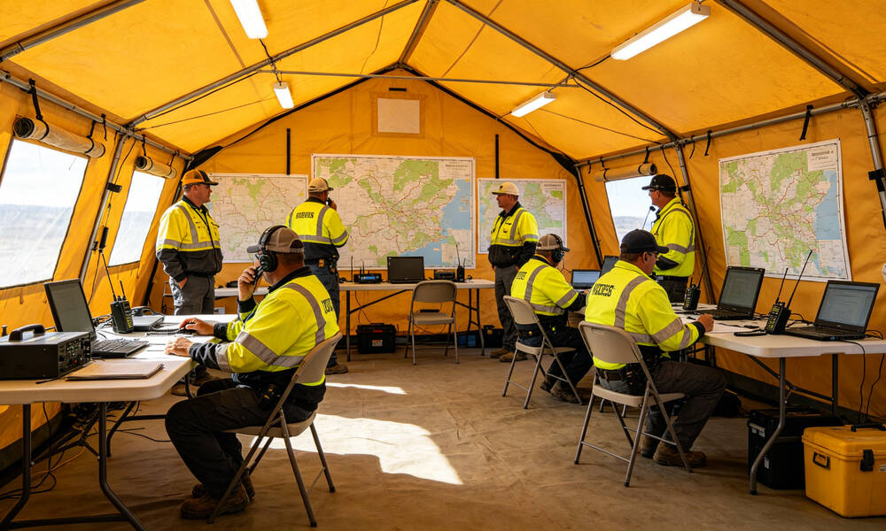 Emergency command center frame tent interior with officers around table with maps and communication radios