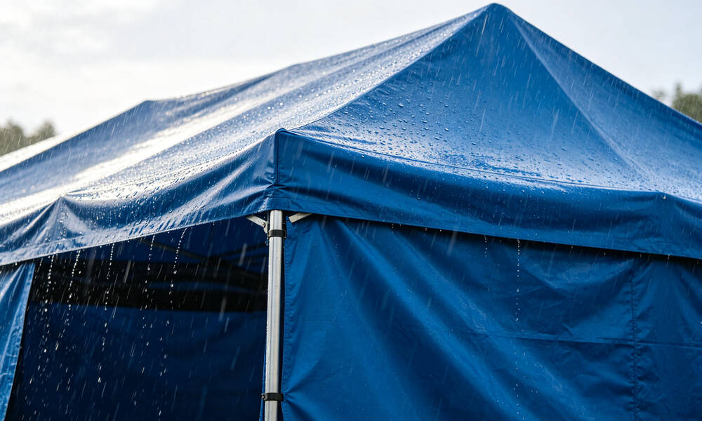 Emergency frame tent outdoor waterproof testing with high-pressure water hose spraying water on fabric surface