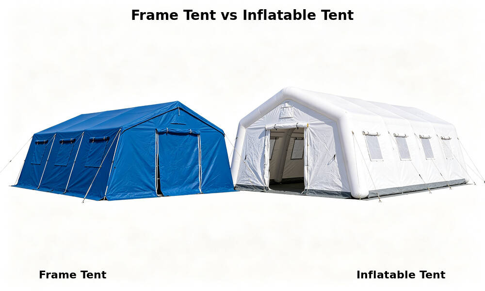 Emergency frame tent vs inflatable tent side by side comparison on white background showing structural differences