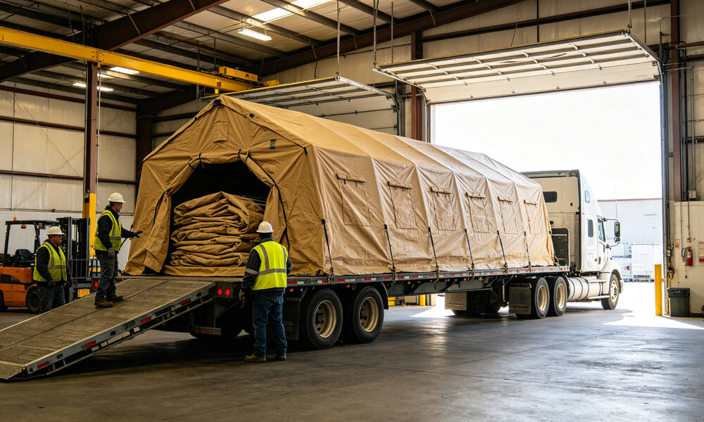 Emergency relief tents being loaded into shipping truck container for wholesale export to disaster zones