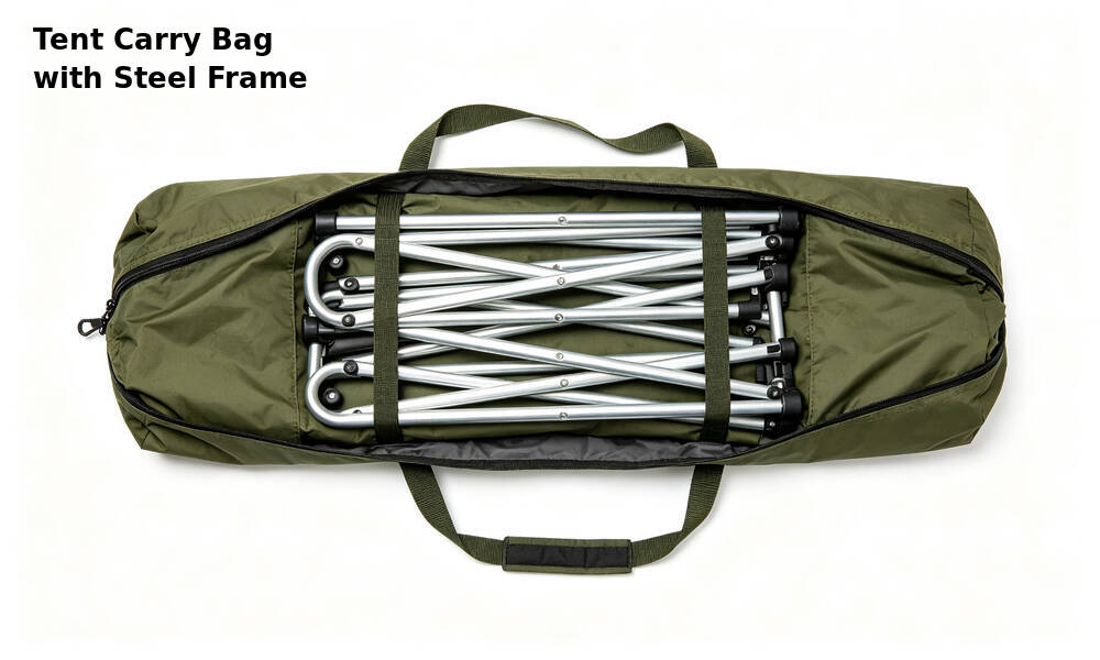 Emergency frame tent folded neatly in heavy duty carry storage bag with handles for transportation and storage