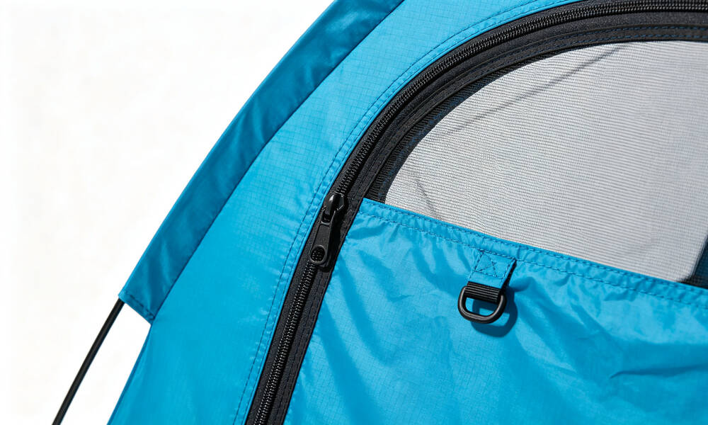 Emergency frame tent entrance door with zipper, roll-up window with mosquito netting and ventilation vent detail