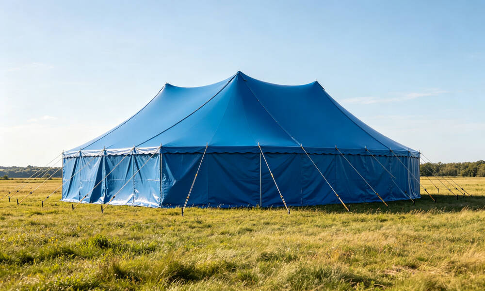 Emergency frame tent secured with thick guy ropes and steel ground stakes anchored in windy field conditions